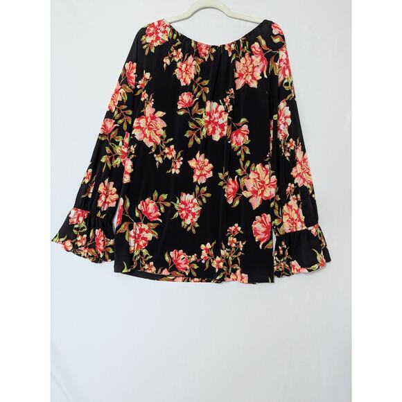 Susan Graver Black Red Floral Off The Shoulder Blouse Size XL Long Flare Sleeves - Picture 5 of 10